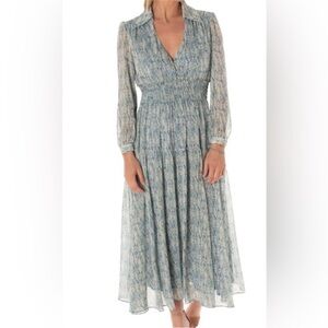 Taylor Blue Patterned Long Sleeve Dress